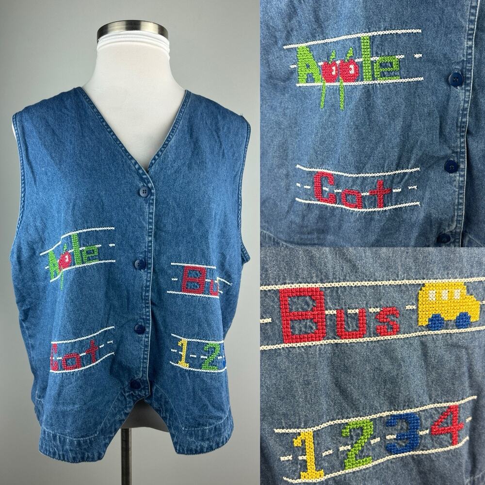 NWT Lemon Grass 90s Denim Vest Embroidered Plus Size 20W 20 Teacher Educator - Picture 2 of 14